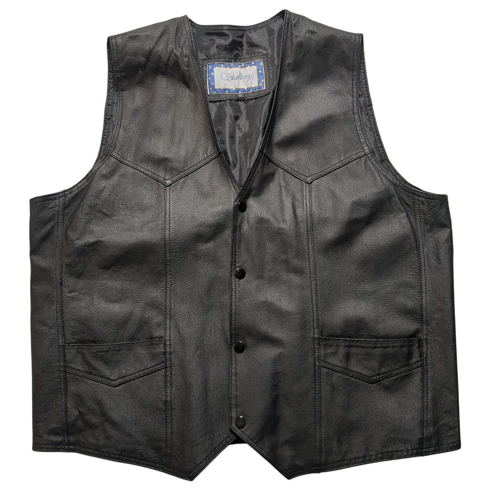 Starling Mens Black Leather Biker Vest Western Snap Front Size 52 fits 48" Chest